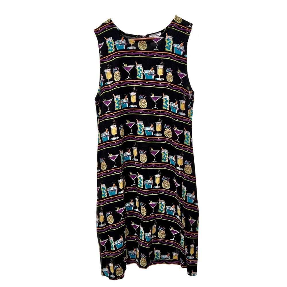 Weekend Clothes Line Womens L Cocktail Print Sleeveless Shift Dress Black 90s